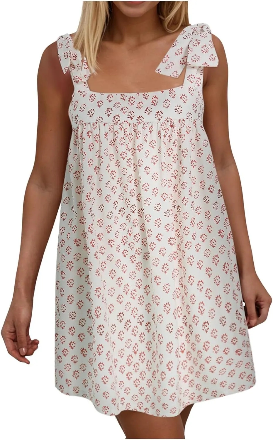 Women Y2K Tie Shoulder Mini Dress Bow Babydoll Ruffle Short Dresses Summer Boho Floral Flowy Beach Sundress