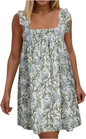Women Y2K Tie Shoulder Mini Dress Bow Babydoll Ruffle Short Dresses Summer Boho Floral Flowy Beach Sundress