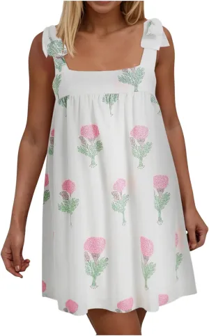 Women Y2K Tie Shoulder Mini Dress Bow Babydoll Ruffle Short Dresses Summer Boho Floral Flowy Beach Sundress
