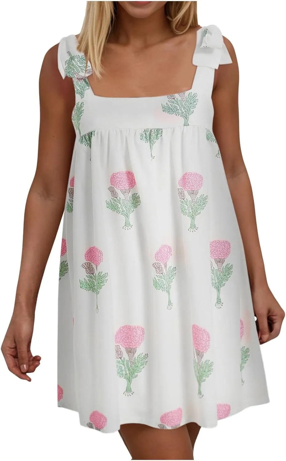 Women Y2K Tie Shoulder Mini Dress Bow Babydoll Ruffle Short Dresses Summer Boho Floral Flowy Beach Sundress