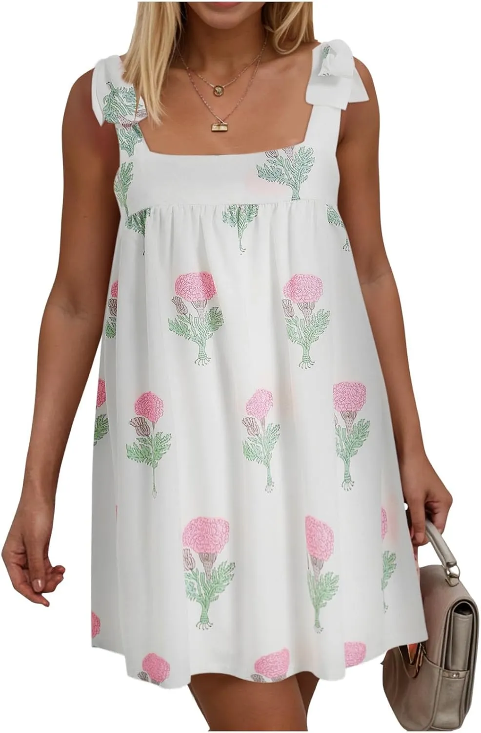 Women Y2K Tie Shoulder Mini Dress Bow Babydoll Ruffle Short Dresses Summer Boho Floral Flowy Beach Sundress