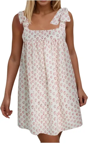 Women Y2K Tie Shoulder Mini Dress Bow Babydoll Ruffle Short Dresses Summer Boho Floral Flowy Beach Sundress