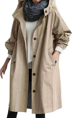 Womens 2024 Elegant Temperament Button Windbreaker Long Sleeve Hooded Trench Coat Loose Comfortable Outwear with Pocket