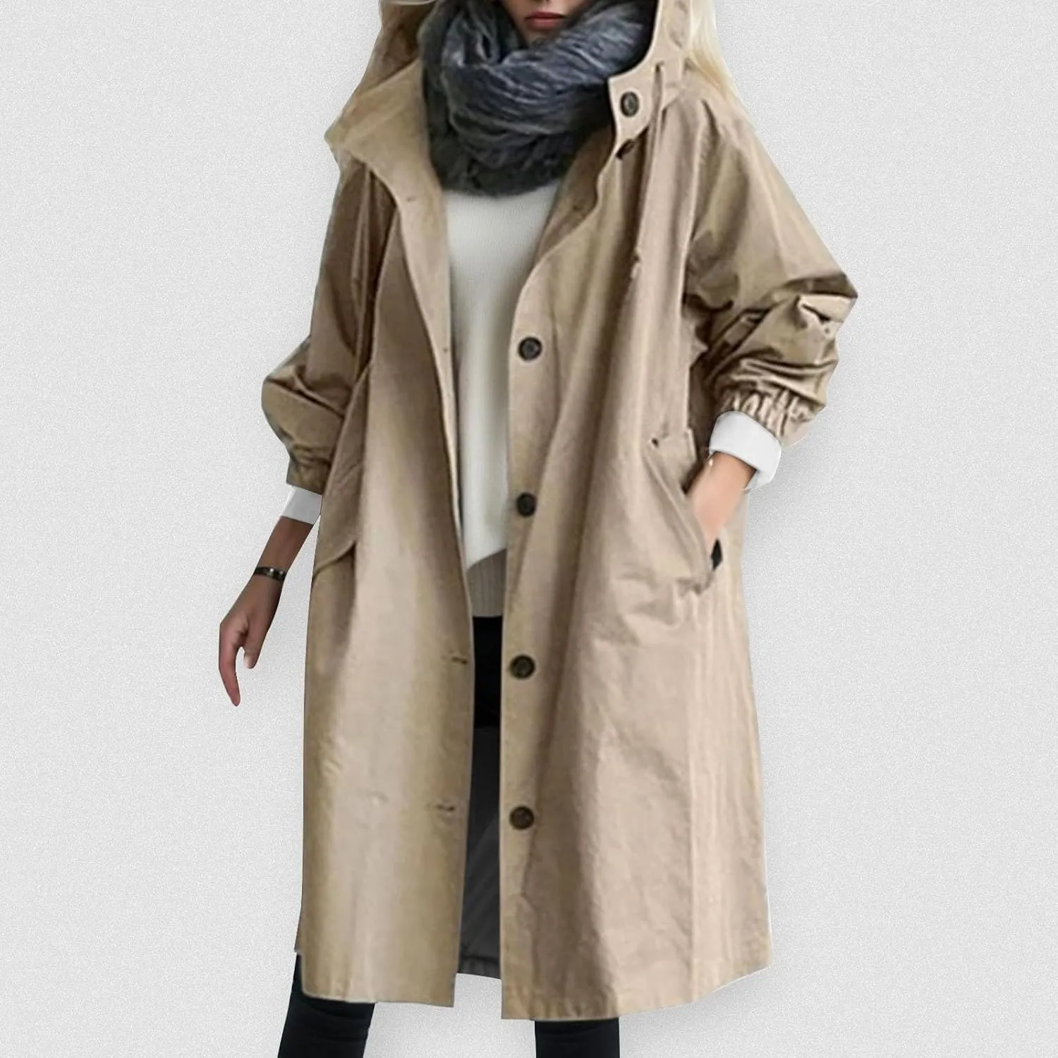 Womens 2024 Elegant Temperament Button Windbreaker Long Sleeve Hooded Trench Coat Loose Comfortable Outwear with Pocket