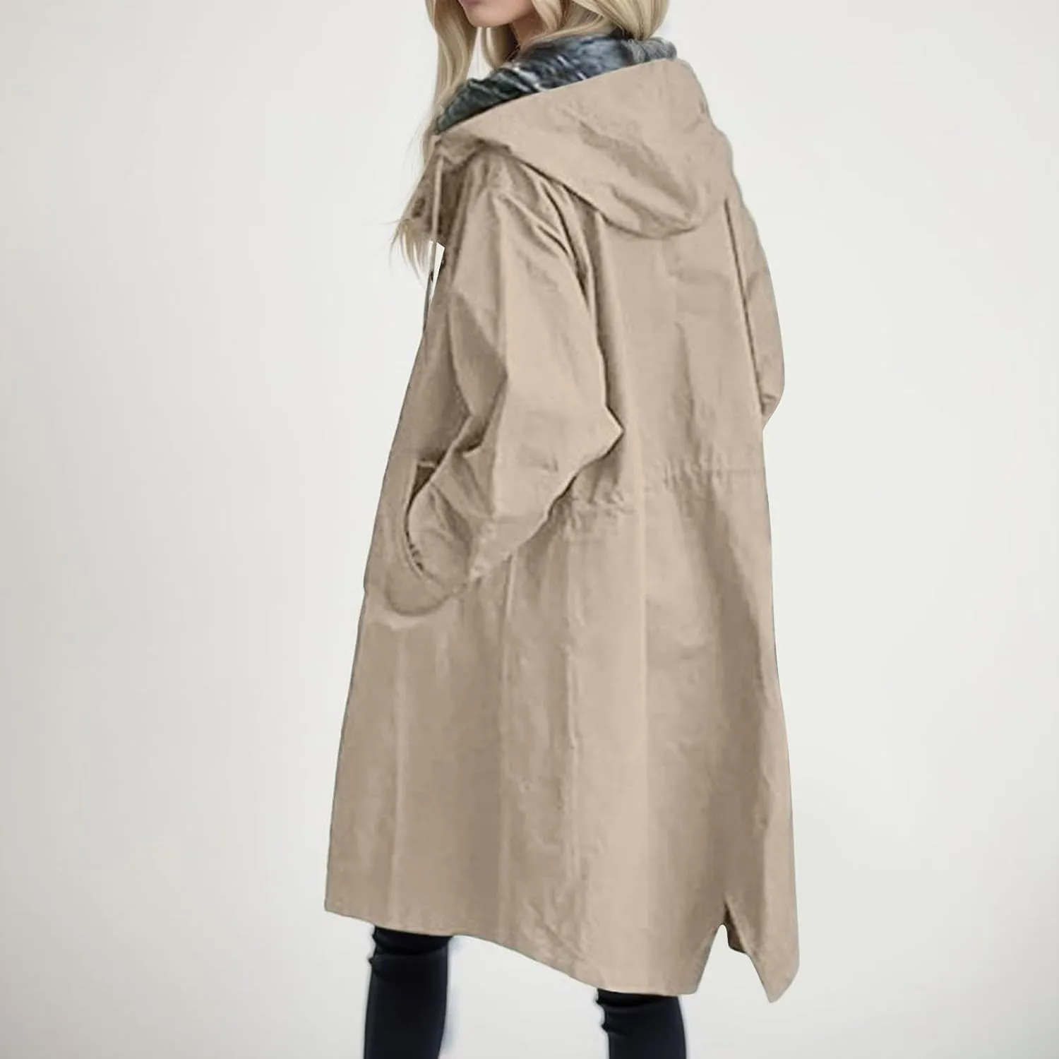 Womens 2024 Elegant Temperament Button Windbreaker Long Sleeve Hooded Trench Coat Loose Comfortable Outwear with Pocket