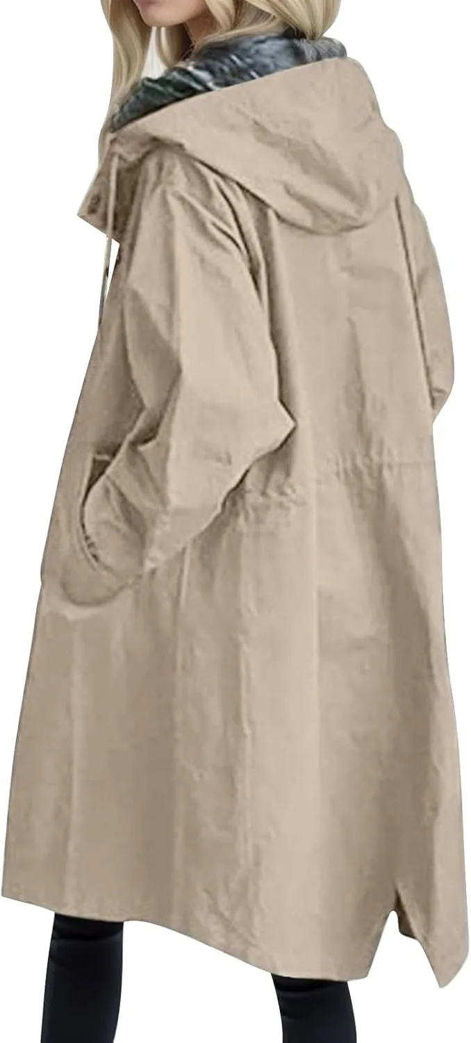 Womens 2024 Elegant Temperament Button Windbreaker Long Sleeve Hooded Trench Coat Loose Comfortable Outwear with Pocket