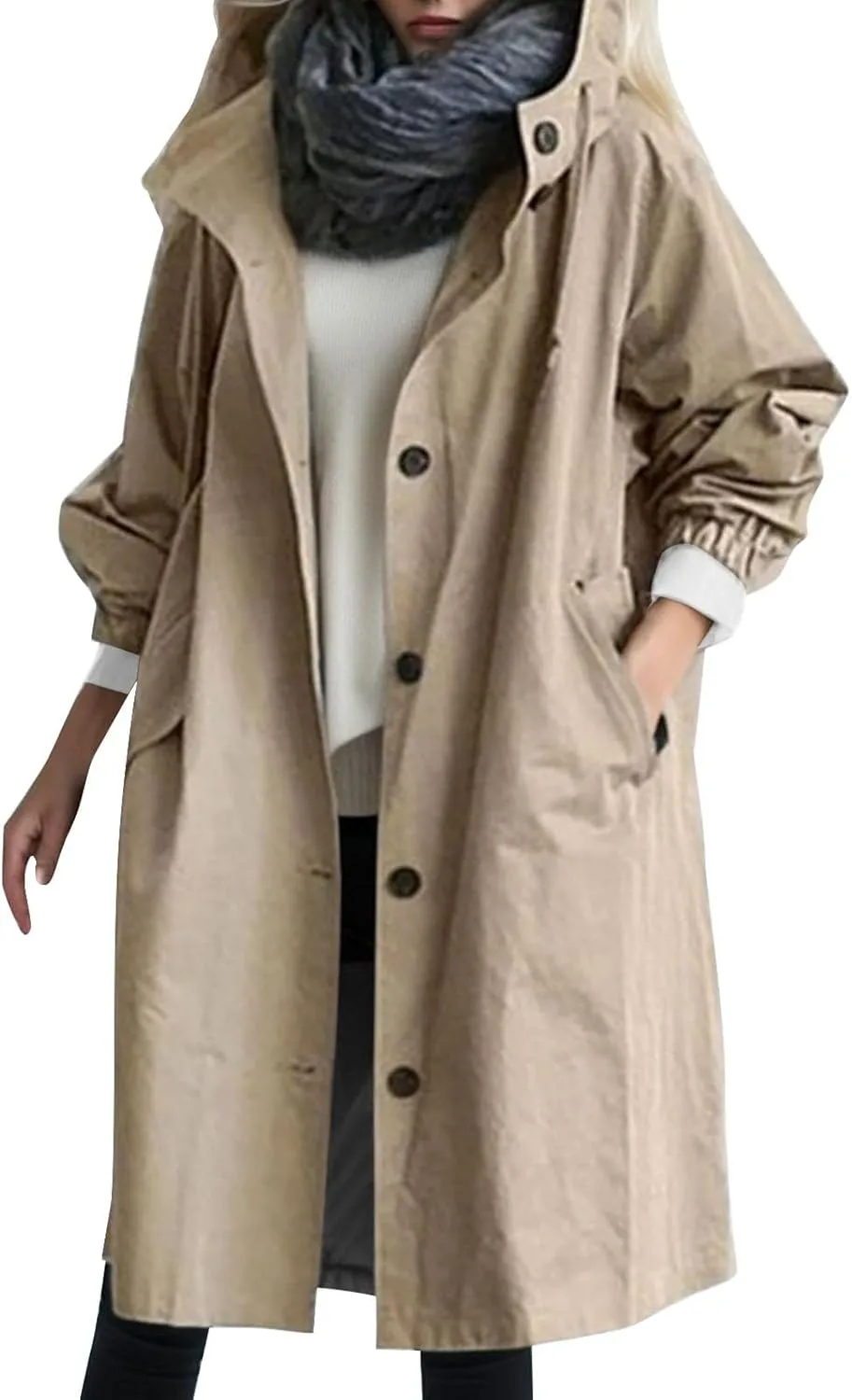 Womens 2024 Elegant Temperament Button Windbreaker Long Sleeve Hooded Trench Coat Loose Comfortable Outwear with Pocket