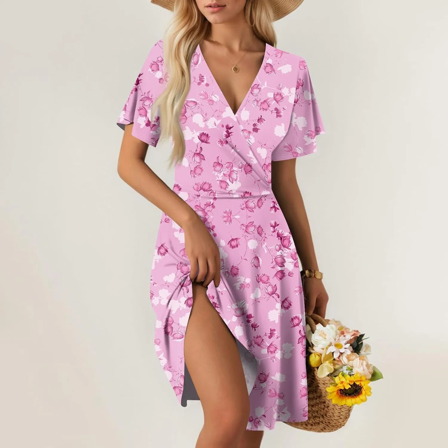 Womens 2025 Floral V-Neck Maxi Dresses Sexy Deep Cut Summer Dress Casual Beach Sundress for Vacation Garden Parties