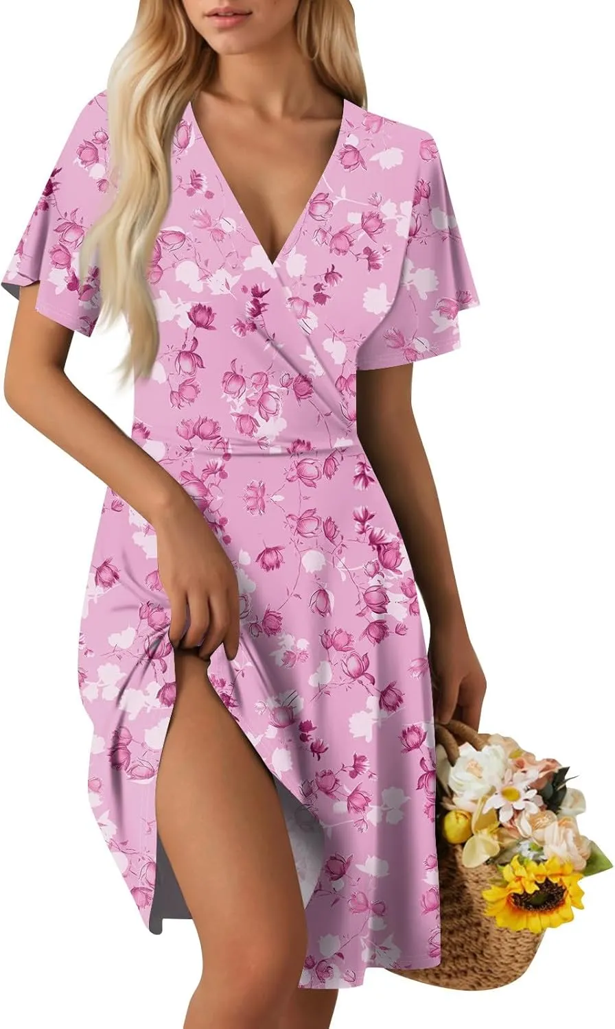 Womens 2025 Floral V-Neck Maxi Dresses Sexy Deep Cut Summer Dress Casual Beach Sundress for Vacation Garden Parties