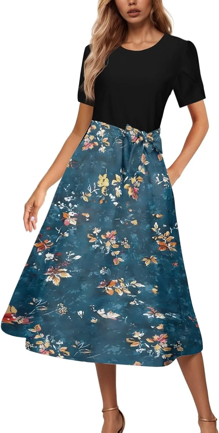 Womens 2025 Summer Casual Crew Neck Boho Midi Dress Flowy Bow Tie A-line Short Sleeve Floral Print Dresses Plus Size