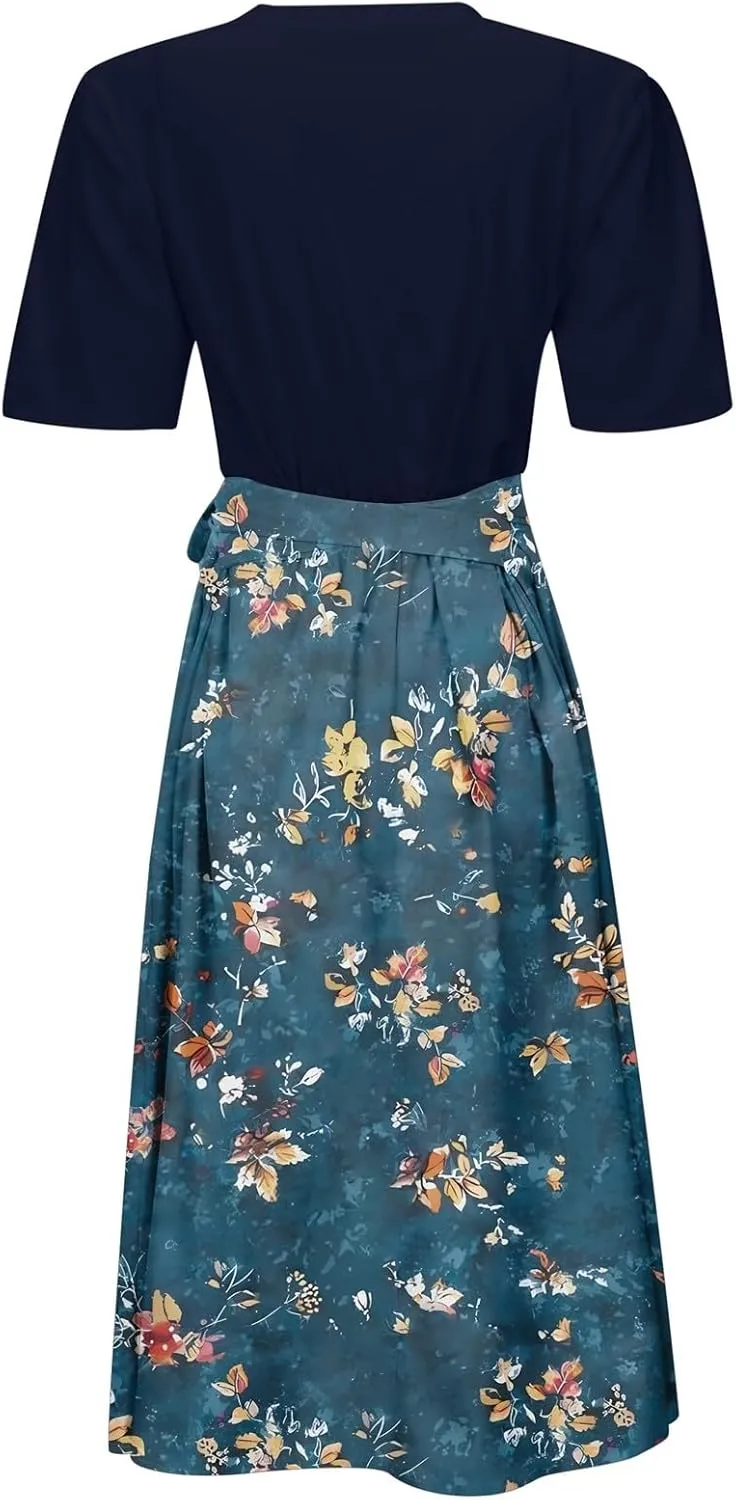 Womens 2025 Summer Casual Crew Neck Boho Midi Dress Flowy Bow Tie A-line Short Sleeve Floral Print Dresses Plus Size
