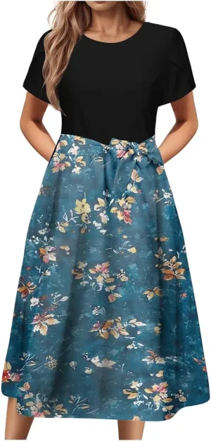 Womens 2025 Summer Casual Crew Neck Boho Midi Dress Flowy Bow Tie A-line Short Sleeve Floral Print Dresses Plus Size