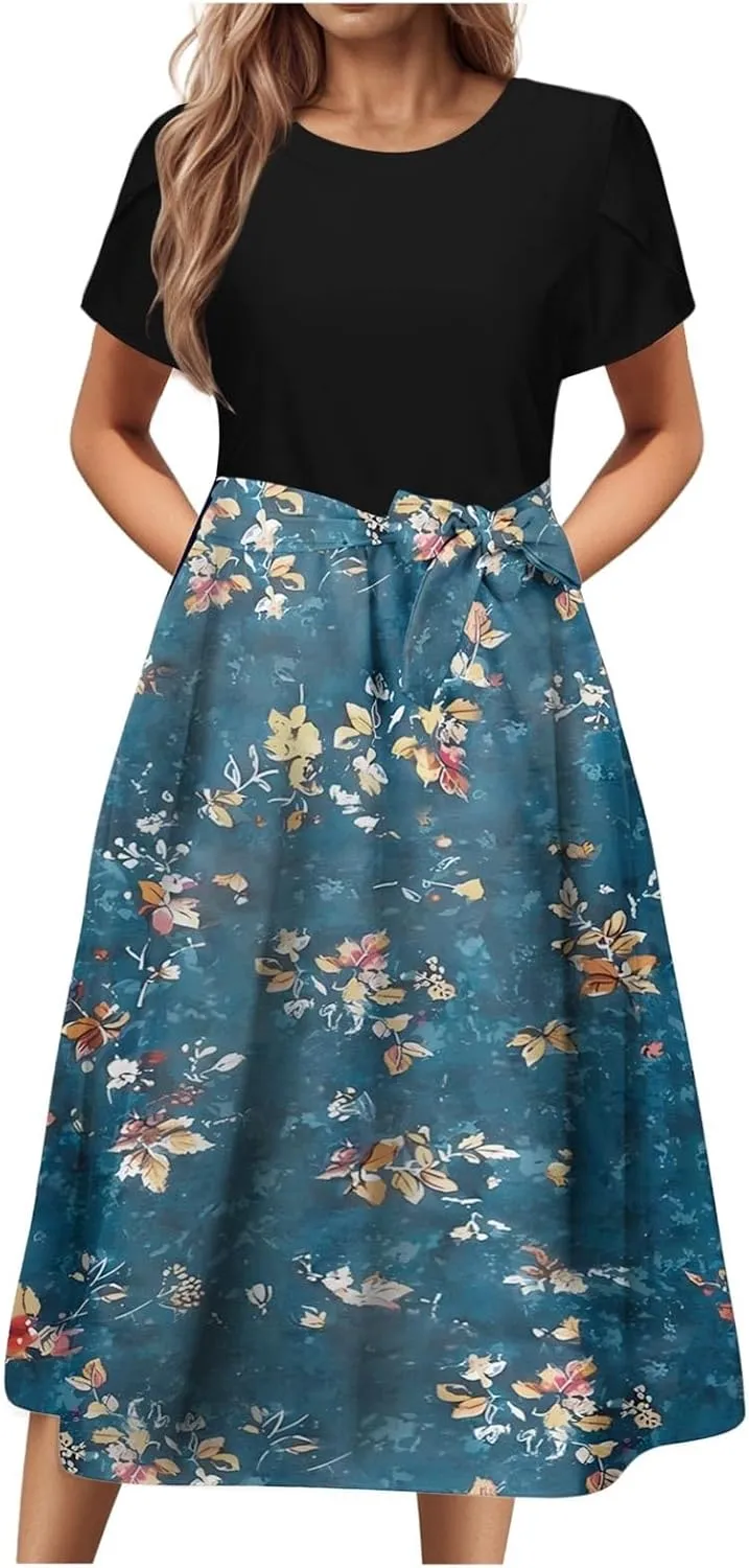 Womens 2025 Summer Casual Crew Neck Boho Midi Dress Flowy Bow Tie A-line Short Sleeve Floral Print Dresses Plus Size