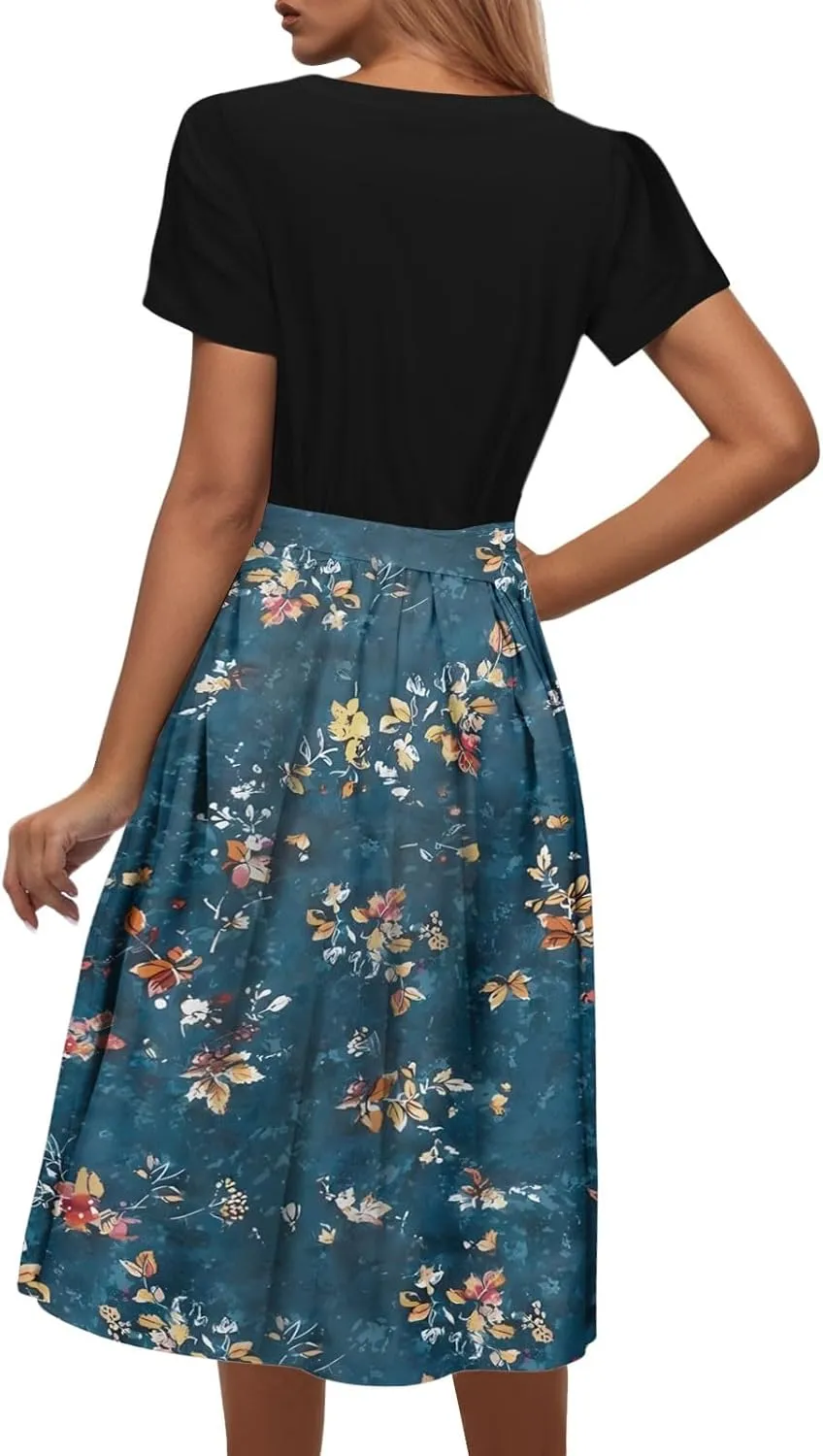 Womens 2025 Summer Casual Crew Neck Boho Midi Dress Flowy Bow Tie A-line Short Sleeve Floral Print Dresses Plus Size