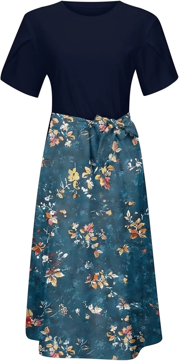 Womens 2025 Summer Casual Crew Neck Boho Midi Dress Flowy Bow Tie A-line Short Sleeve Floral Print Dresses Plus Size