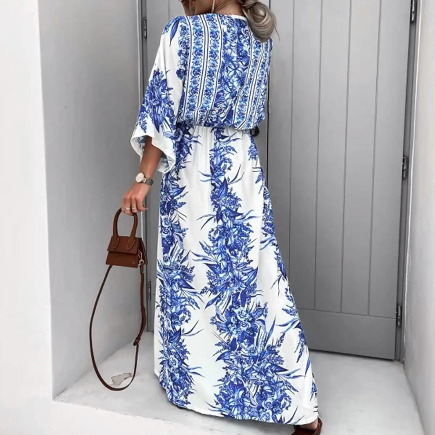 Women's 2025 Summer Floral Dress Casual Sleeveless V Neck Shoulder Cotton Linen Loose Fit Split Maxi Dresses