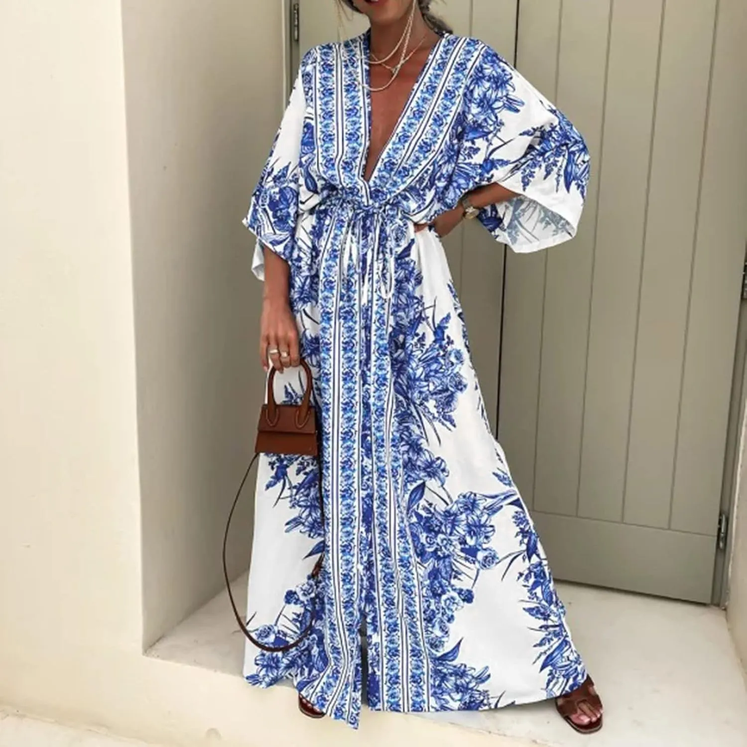 Women's 2025 Summer Floral Dress Casual Sleeveless V Neck Shoulder Cotton Linen Loose Fit Split Maxi Dresses