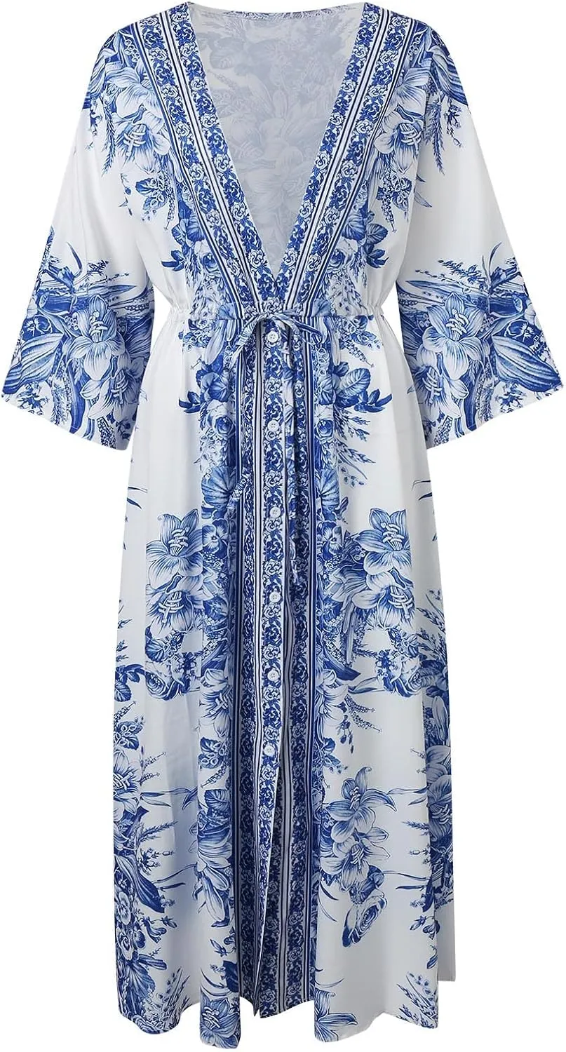 Women's 2025 Summer Floral Dress Casual Sleeveless V Neck Shoulder Cotton Linen Loose Fit Split Maxi Dresses
