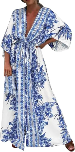 Women's 2025 Summer Floral Dress Casual Sleeveless V Neck Shoulder Cotton Linen Loose Fit Split Maxi Dresses