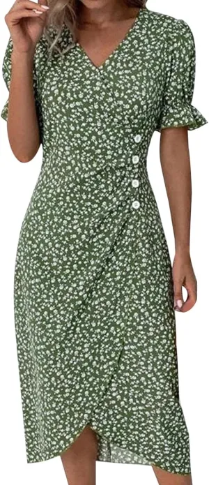 Women's Bohemian Floral Printed Short Sleeve Summer Dress Wrap V Neck Beach Flowy Irregular Hem Slit Midi Dresses
