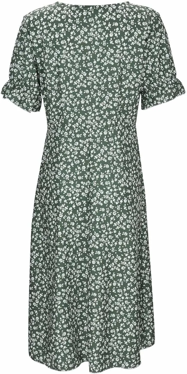 Women's Bohemian Floral Printed Short Sleeve Summer Dress Wrap V Neck Beach Flowy Irregular Hem Slit Midi Dresses