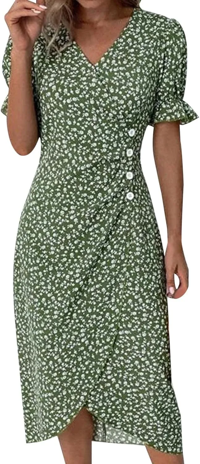 Women's Bohemian Floral Printed Short Sleeve Summer Dress Wrap V Neck Beach Flowy Irregular Hem Slit Midi Dresses