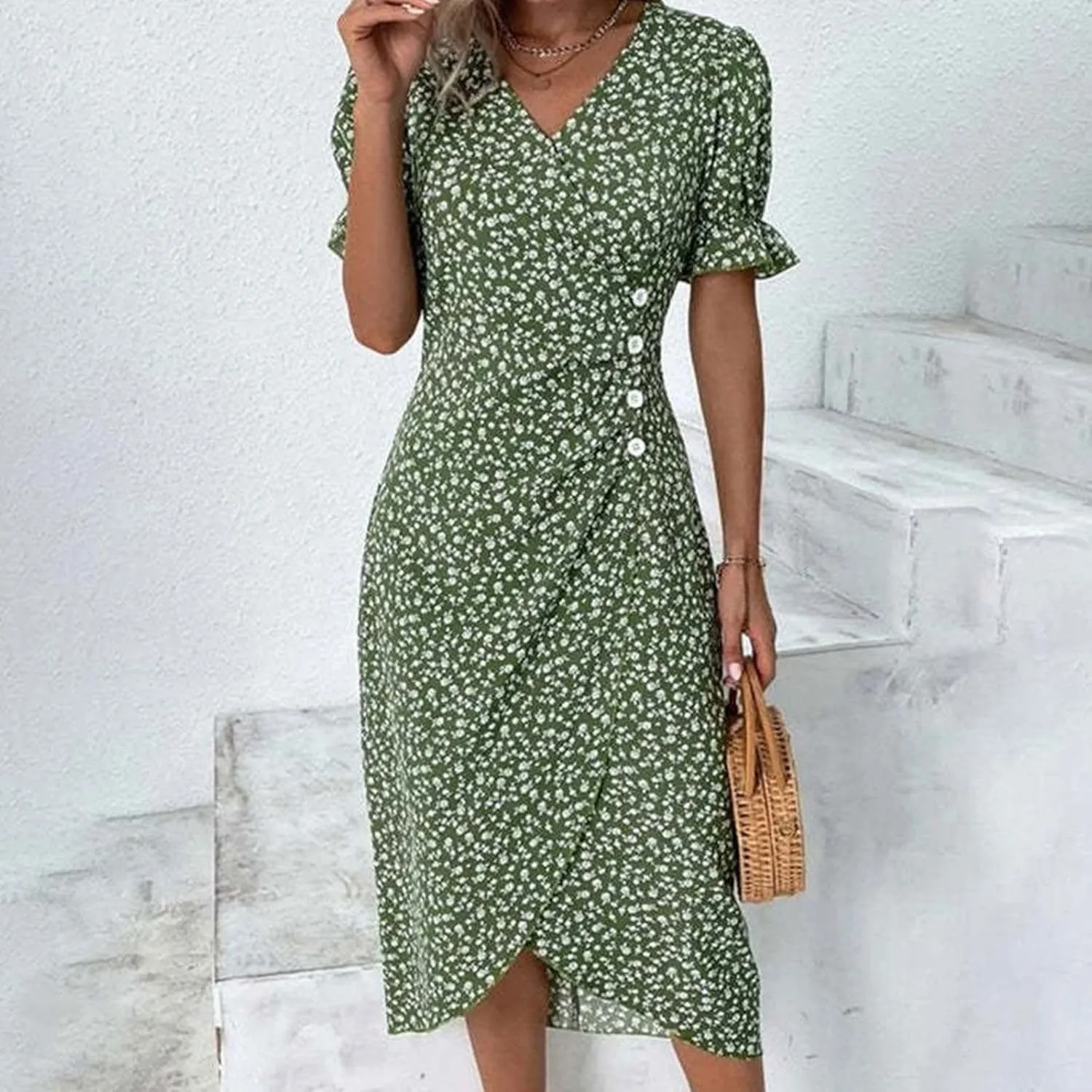 Women's Bohemian Floral Printed Short Sleeve Summer Dress Wrap V Neck Beach Flowy Irregular Hem Slit Midi Dresses