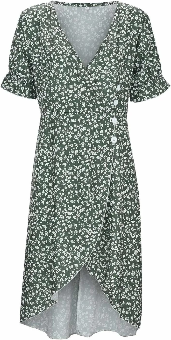 Women's Bohemian Floral Printed Short Sleeve Summer Dress Wrap V Neck Beach Flowy Irregular Hem Slit Midi Dresses