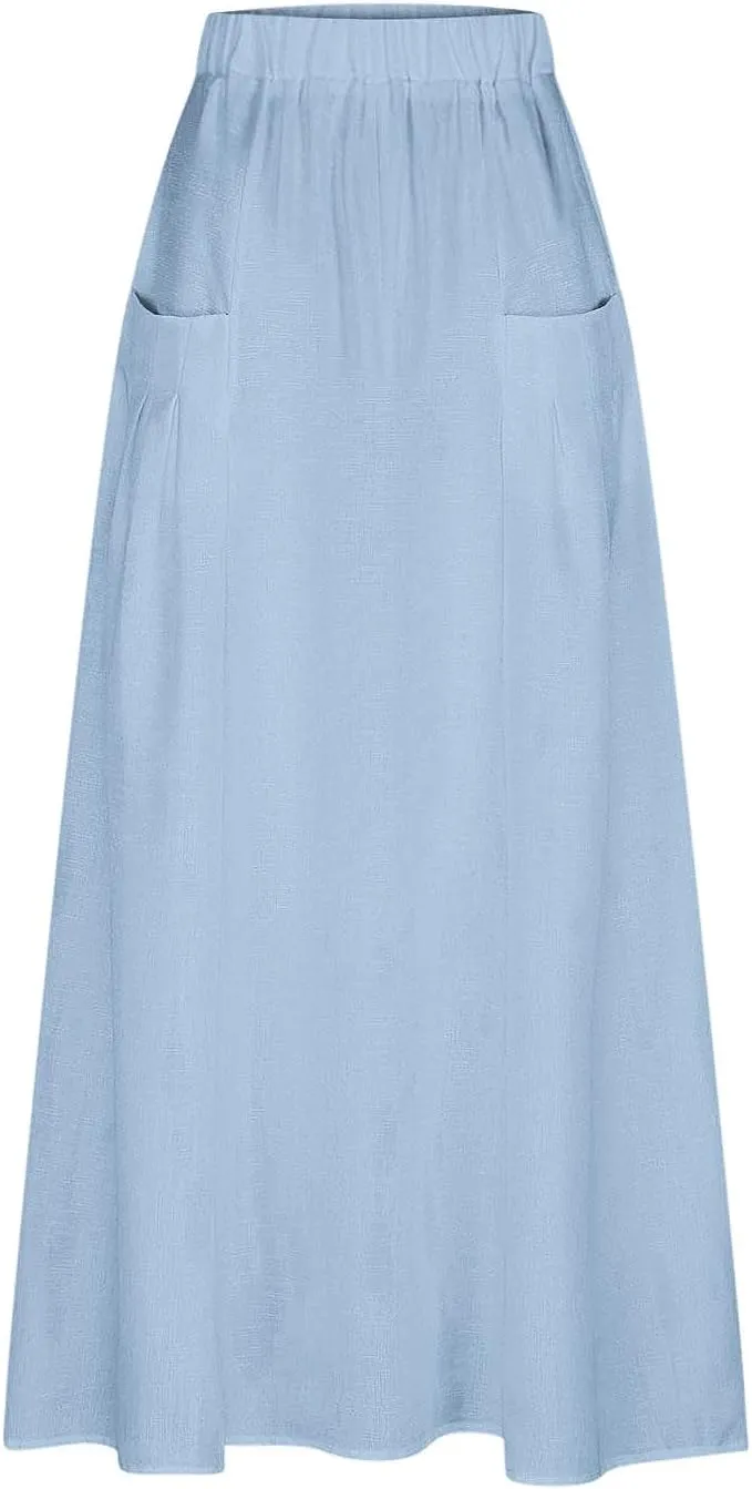 Women's Bohemian Skirts Solid Plus Size Loose Comfy Skirt Casual Dress Skirts High Waist Long Skirt with Pockets