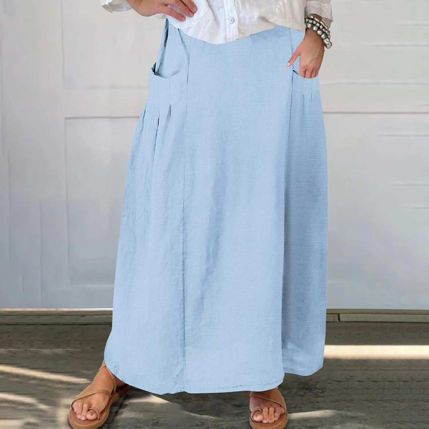 Women's Bohemian Skirts Solid Plus Size Loose Comfy Skirt Casual Dress Skirts High Waist Long Skirt with Pockets