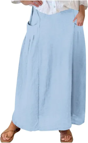 Women's Bohemian Skirts Solid Plus Size Loose Comfy Skirt Casual Dress Skirts High Waist Long Skirt with Pockets