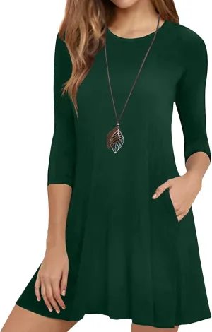 Womens Casual 3/4 Sleeve Dresses Aline Crewneck Spring Tshirt Dress with Pocket