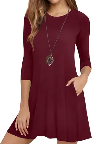 Womens Casual 3/4 Sleeve Dresses Aline Crewneck Spring Tshirt Dress with Pocket