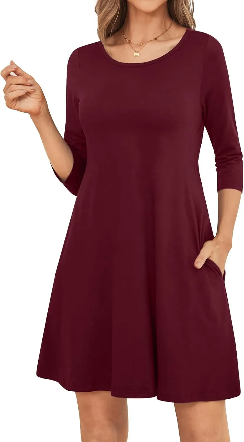Womens Casual 3/4 Sleeve Dresses Aline Crewneck Spring Tshirt Dress with Pocket