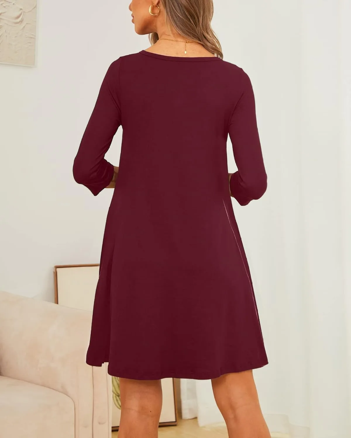 Womens Casual 3/4 Sleeve Dresses Aline Crewneck Spring Tshirt Dress with Pocket