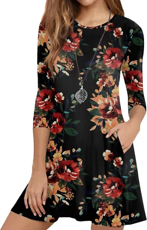 Womens Casual 3/4 Sleeve Dresses Aline Crewneck Spring Tshirt Dress with Pocket