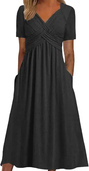Womens Casual Dress for Summer Short Sleeve Pleated Dress Loose Flowy Beach Dress with Pockets Flare Midi Sundress