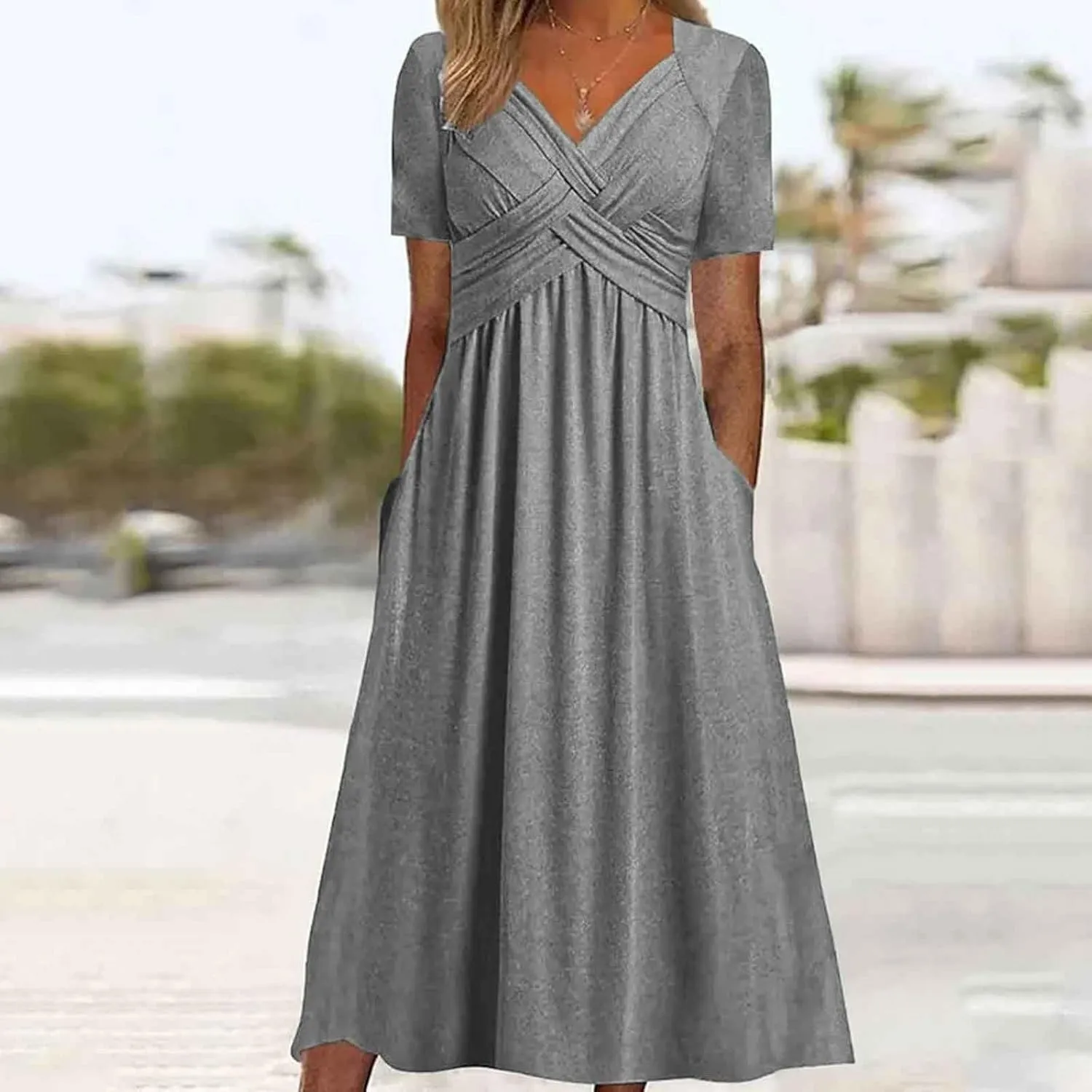 Womens Casual Dress for Summer Short Sleeve Pleated Dress Loose Flowy Beach Dress with Pockets Flare Midi Sundress