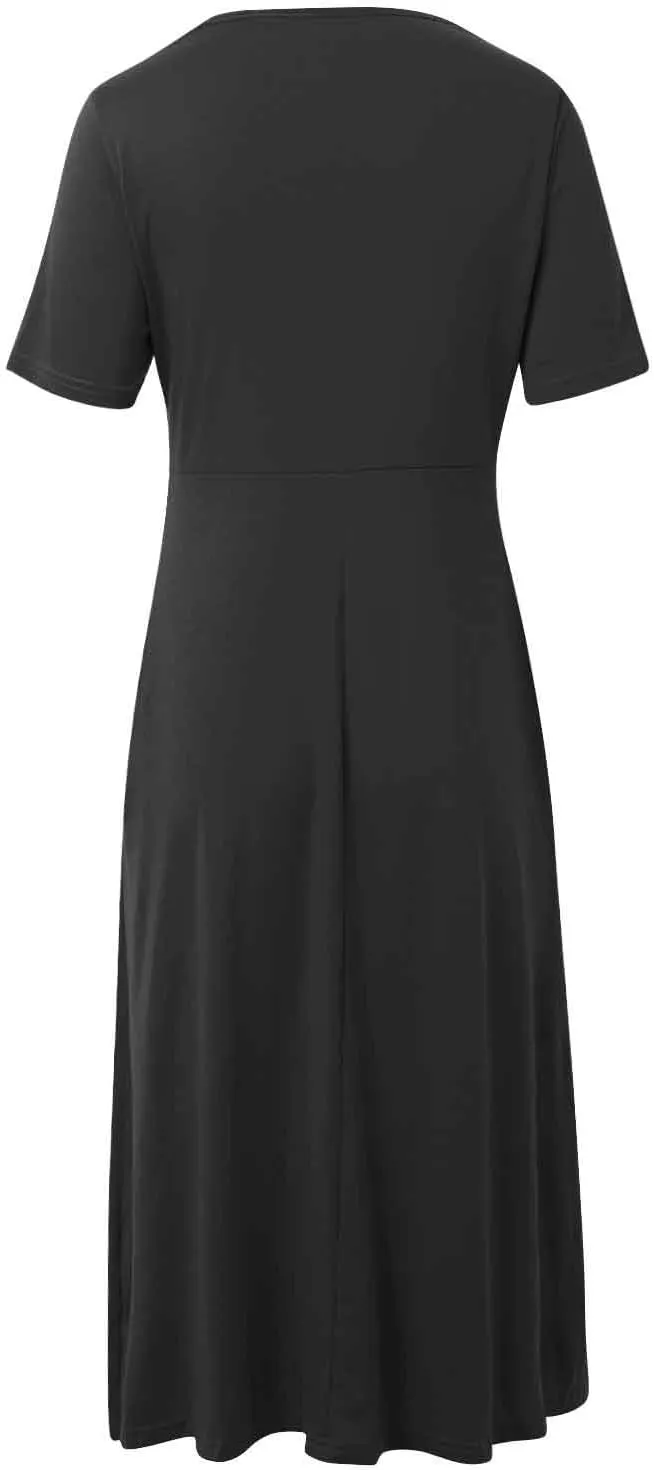 Womens Casual Dress for Summer Short Sleeve Pleated Dress Loose Flowy Beach Dress with Pockets Flare Midi Sundress