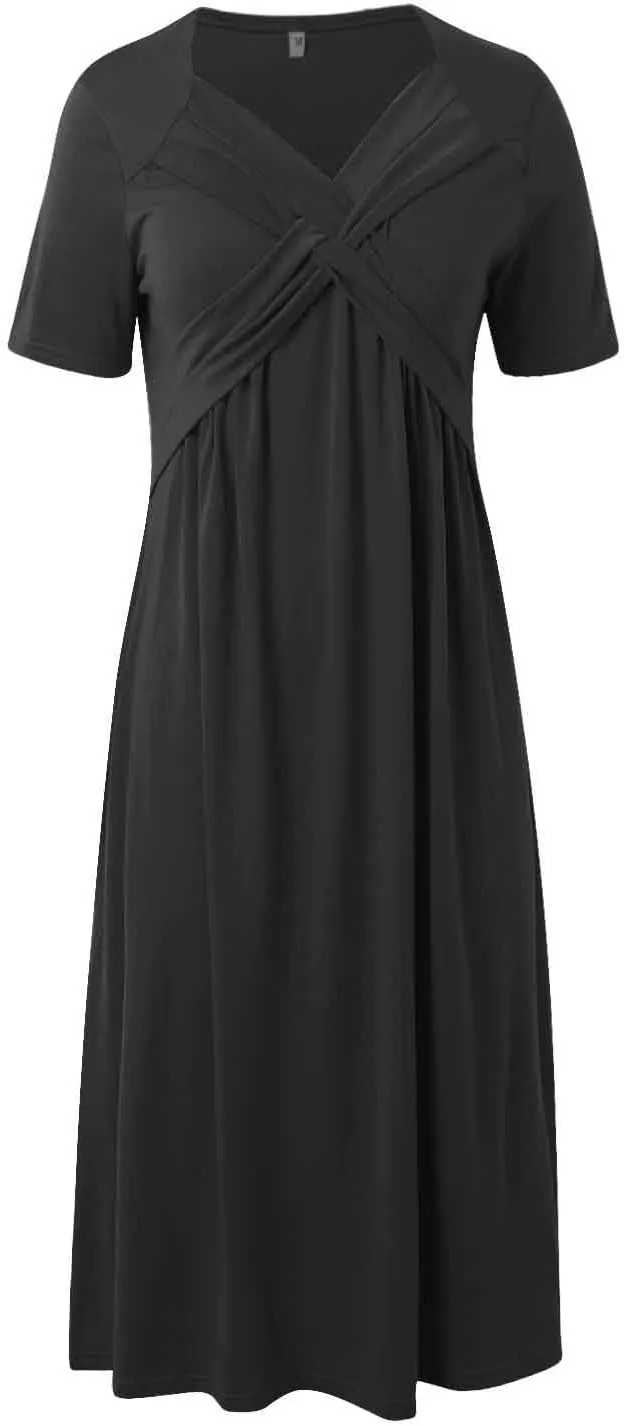 Womens Casual Dress for Summer Short Sleeve Pleated Dress Loose Flowy Beach Dress with Pockets Flare Midi Sundress