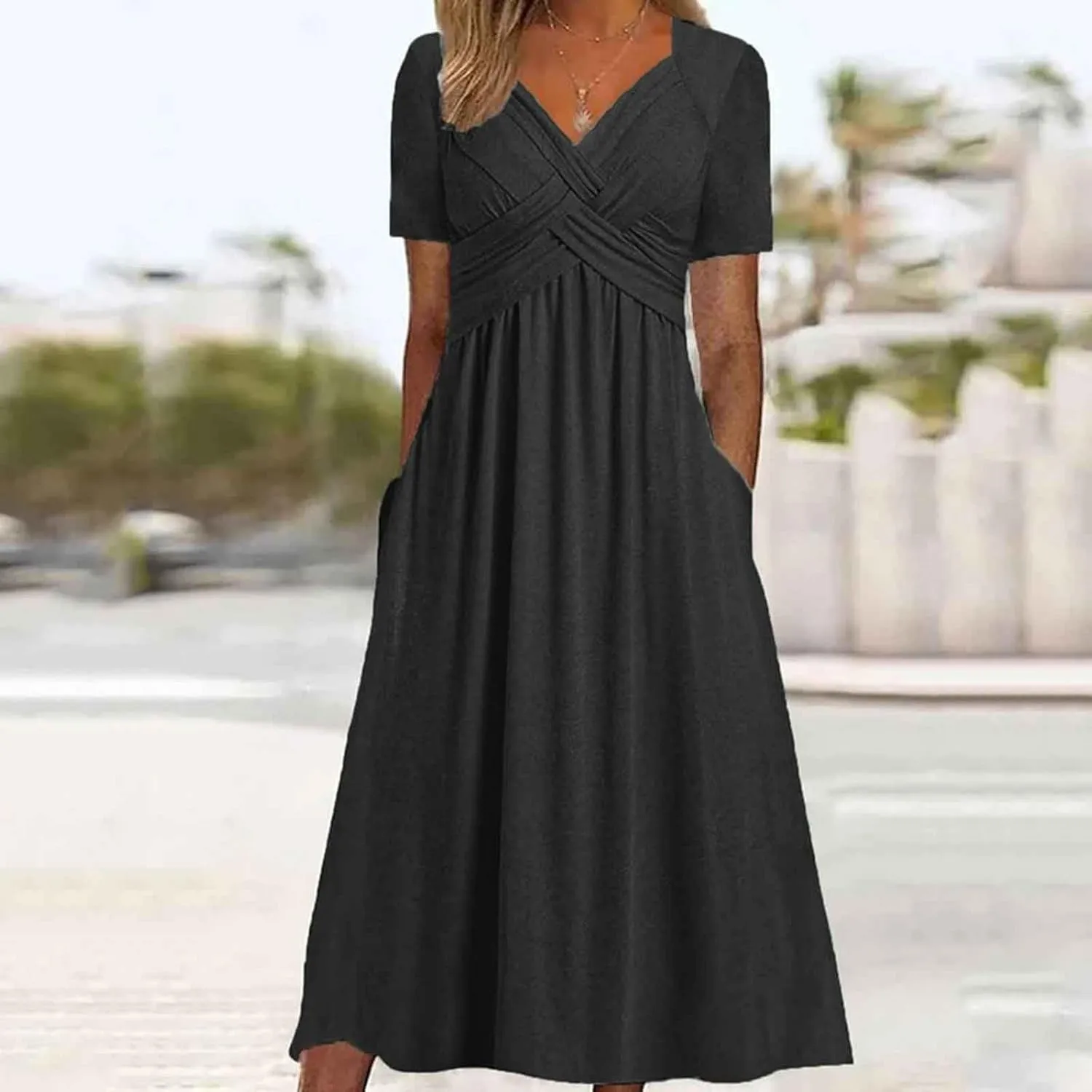 Womens Casual Dress for Summer Short Sleeve Pleated Dress Loose Flowy Beach Dress with Pockets Flare Midi Sundress