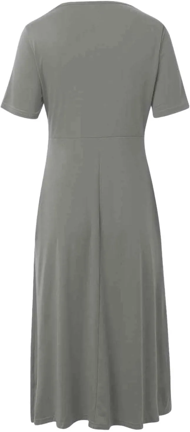 Womens Casual Dress for Summer Short Sleeve Pleated Dress Loose Flowy Beach Dress with Pockets Flare Midi Sundress