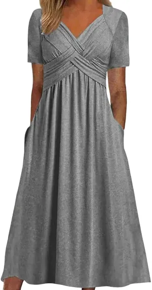 Womens Casual Dress for Summer Short Sleeve Pleated Dress Loose Flowy Beach Dress with Pockets Flare Midi Sundress