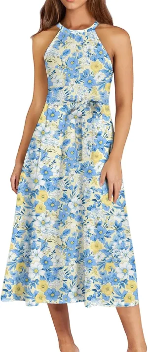 Women's Casual Fashion Halter Crew Neck Floral Print Basic Sleeveless Loose Boho Belt Ruffle Swing Hem Midi Sundress