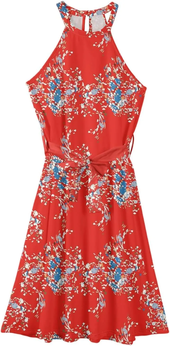 Women's Casual Fashion Halter Crew Neck Floral Print Basic Sleeveless Loose Boho Belt Ruffle Swing Hem Midi Sundress