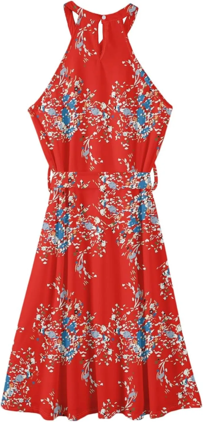 Women's Casual Fashion Halter Crew Neck Floral Print Basic Sleeveless Loose Boho Belt Ruffle Swing Hem Midi Sundress