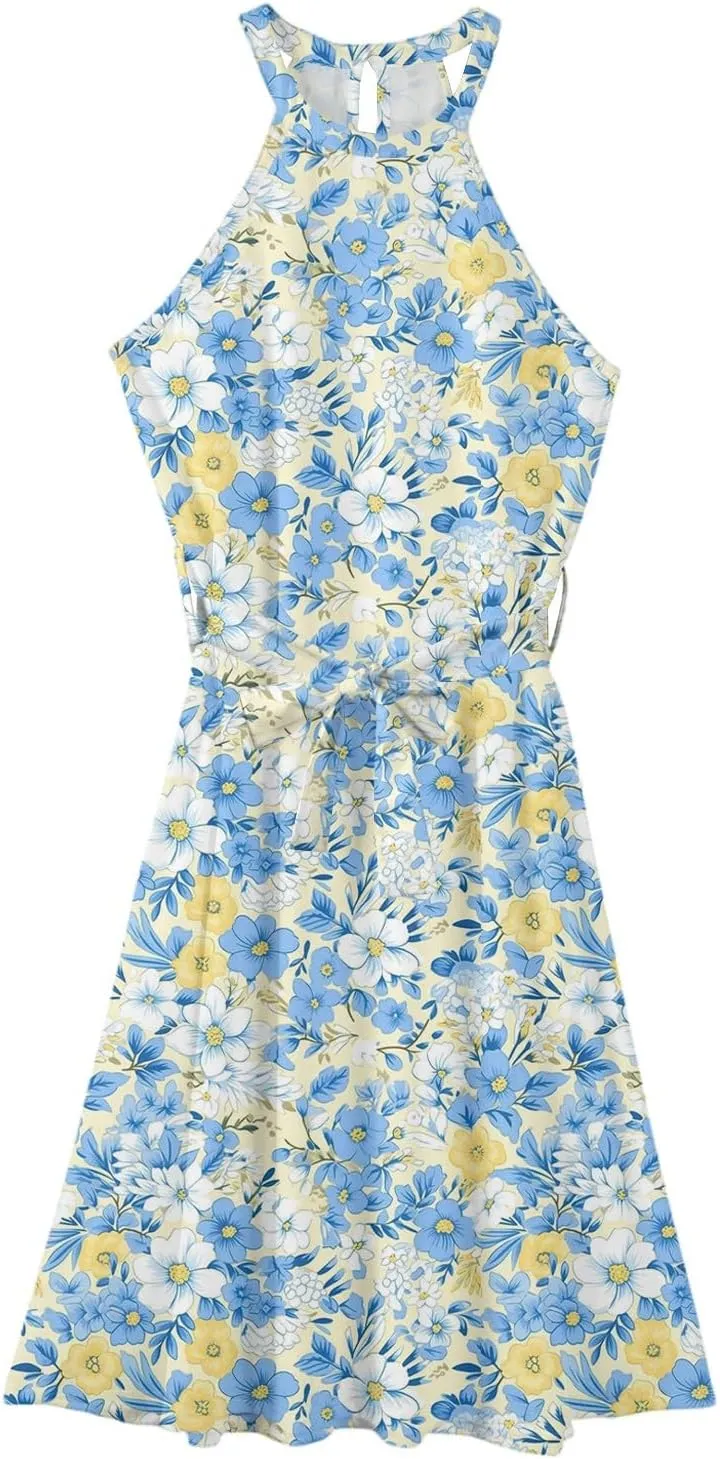 Women's Casual Fashion Halter Crew Neck Floral Print Basic Sleeveless Loose Boho Belt Ruffle Swing Hem Midi Sundress