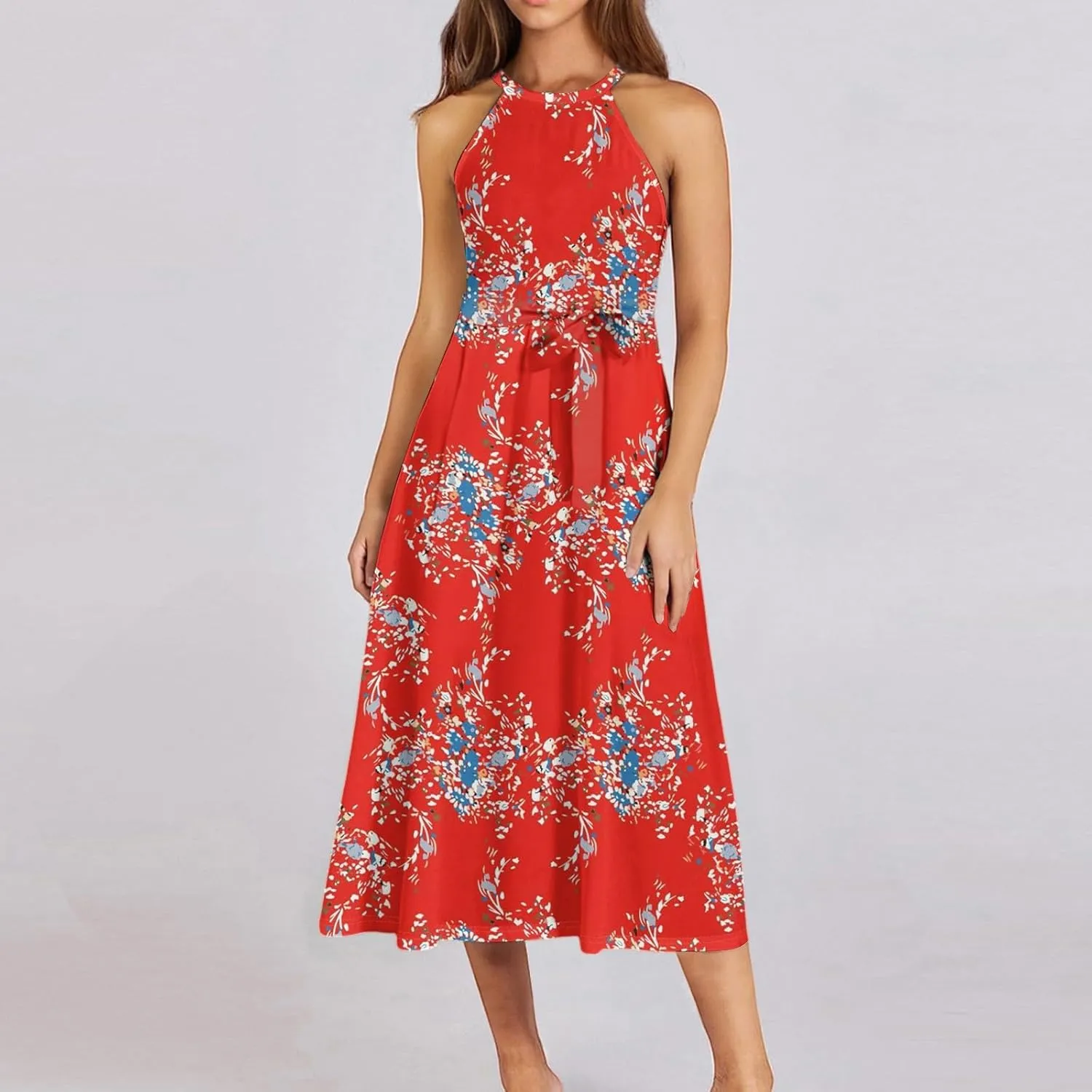Women's Casual Fashion Halter Crew Neck Floral Print Basic Sleeveless Loose Boho Belt Ruffle Swing Hem Midi Sundress