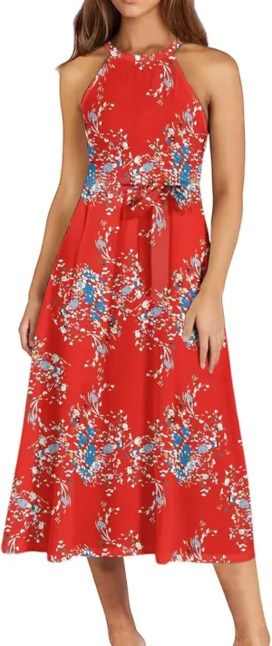 Women's Casual Fashion Halter Crew Neck Floral Print Basic Sleeveless Loose Boho Belt Ruffle Swing Hem Midi Sundress