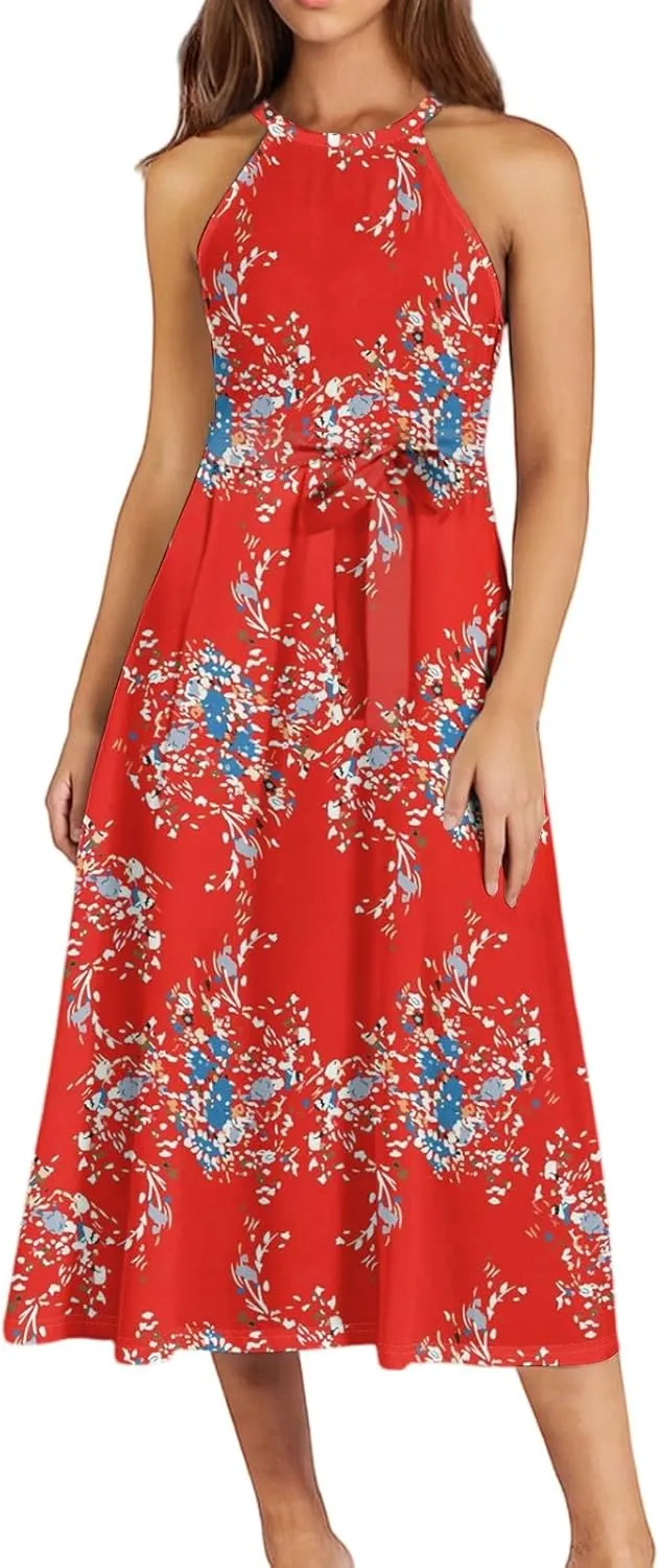 Women's Casual Fashion Halter Crew Neck Floral Print Basic Sleeveless Loose Boho Belt Ruffle Swing Hem Midi Sundress
